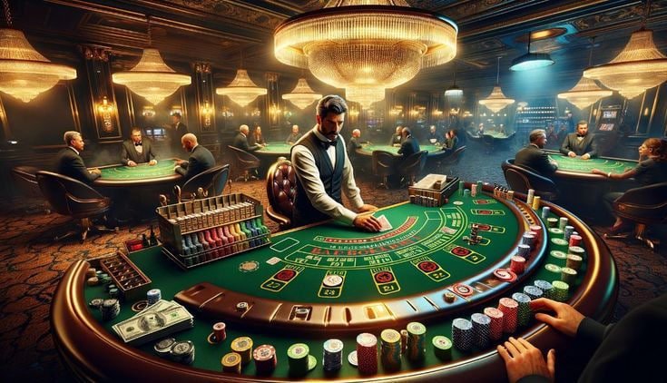 Tampilan meja AduQ di platform plinko rupiah dengan kartu dan chip dealer